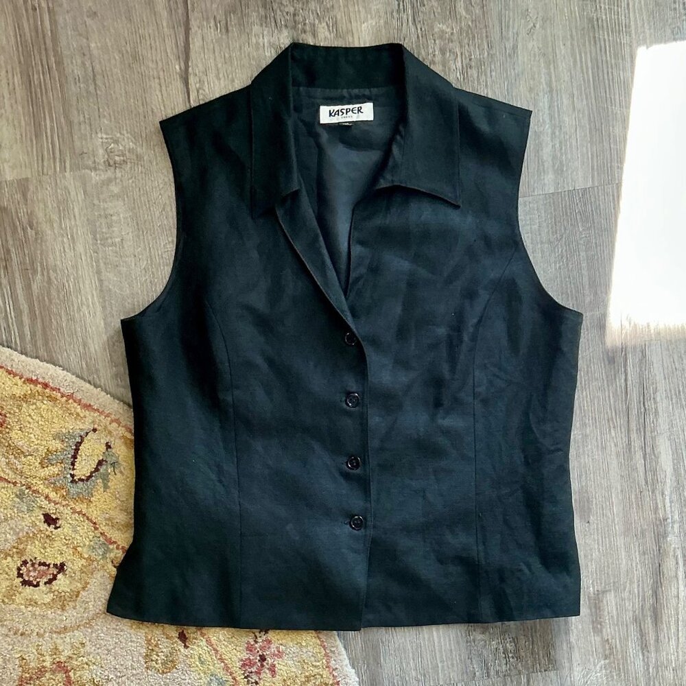 Vintage 1990s Minimalist Kasper Linen Blend Classic Grey Collared Tie Back Vest - Picture 9 of 11